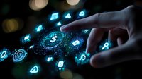 Glowing digital icons floating in dark space with hand touching virtual interface. Futuristic technology concept showing financial and multimedia symbols in blue light.