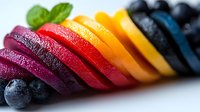 Fresh colorful sliced fruits arranged in rainbow pattern with blueberries, including beets, citrus, and mango on white background, showing healthy eating concept.
