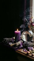 Mystical altar with purple candle, crystal ball, amethyst gems, sage bundle, and dried lavender on dark velvet, smoke rising in moody light.
