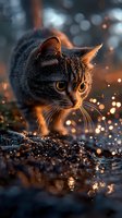 British shorthair cat with golden eyes in magical evening light with bokeh and water splashes, dramatic portrait capturing feline curiosity and natural hunting instinct.