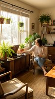Young Caucasian woman in cozy sweater playing vinyl record at home, surrounded by houseplants in warm sunlit bohemian living room.