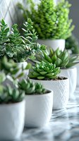 Green succulent plants and eucalyptus in white ceramic pots arranged on marble surface. Natural home decor with modern minimalist style for interior design.