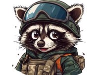Cartoon raccoon character in military tactical gear, helmet and goggles. Cute animal mascot with detailed fur texture and expressive eyes on white background.