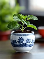 Fresh mint plant growing in traditional blue and white porcelain pot with oriental tree pattern design, close-up view on wooden table with soft natural lighting.