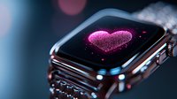 Glowing pink heart on smartwatch display with bokeh background, modern wearable technology showing love message on dark screen. Digital romance concept.