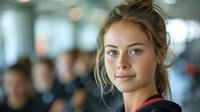 Beautiful young Caucasian woman with natural makeup and messy bun hairstyle smiling at gym, perfect for wellness, beauty, and healthy lifestyle advertising campaigns.