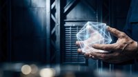 Technologist holding glowing digital network sphere in server room environment, representing cloud computing, data connectivity, and modern technology infrastructure solutions.
