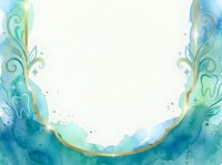 Watercolor ornamental frame with turquoise and gold accents, featuring flowing botanical flourishes and splashes. Isolated on white background, ready for invitations, cards, and design projects.