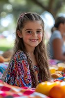 Young girl with long brown hair wearing colorful floral dress smiles warmly at summer picnic gathering with festive table setting and soft bokeh background.