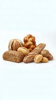 Assorted fresh baked breads and rolls isolated on white background, including whole grain loaves, braided bread, baguettes and round rolls for bakery, food and culinary use.