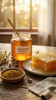Raw honey in glass jar with wooden dipper displayed alongside honeycomb, pollen, and natural ingredients on rustic wooden table with warm window light for food, wellness, and culinary use.