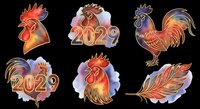 Colorful rooster clipart set with 2029 new year numbers and feather, isolated on transparent background, ready for stickers, t-shirt design, and print on demand.