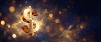 Golden dollar sign symbol glowing against dark starry background with bokeh lights for finance, investment, wealth and business success concepts.