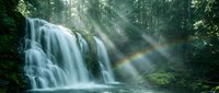 Cascading waterfall flows through misty forest with sunlight rays and rainbow, ideal for nature, travel, and environmental design projects.