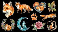 Cute fox clipart set isolated on transparent background, featuring fox portraits, paw prints, moon, rose, and heart designs for stickers, T-shirts, and print on demand.