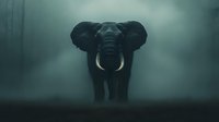 Majestic African elephant emerging from misty forest darkness, powerful tusks visible, creating dramatic silhouette against moody atmospheric background. Perfect for wildlife themes.