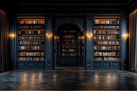Luxurious dark blue library interior with built-in wooden bookshelves, warm sconce lighting, and polished hardwood flooring creates dramatic atmosphere.