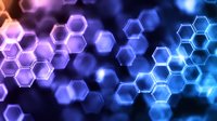 Glowing hexagonal shapes in blue and purple gradient with bokeh effect create futuristic technological pattern for science and innovation backgrounds.