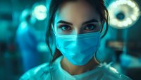 Female healthcare professional wearing surgical mask in modern medical facility with blue-toned lighting, suitable for medical, healthcare, and technology-related projects.