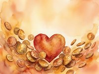 Watercolor heart surrounded by golden coins on warm textured background for financial love, charity donation, wealth affection and money romance concepts.