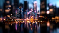 Modern cityscape with illuminated skyscrapers reflecting in water at night, vibrant neon lights and bokeh effects create dreamy urban atmosphere. Suitable for business and lifestyle designs.