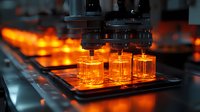 Glowing orange vials in automated pharmaceutical manufacturing facility showing quality control testing and medical production process in modern laboratory setting.