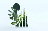 Double exposure silhouette of African American woman combined with green leaves and growing business chart bars showing sustainable growth and success.