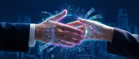 Human and AI robotic hands reaching for a handshake with glowing circuit patterns, symbolizing technology partnership and digital innovation.