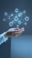 Businessman hand holding glowing network globe with interconnected nodes and digital connections, representing global communication, data sharing, and technology innovation.