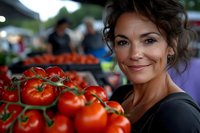 Smiling Hispanic woman holding fresh vine tomatoes at farmers market. Natural lighting highlights produce and warm expression, representing healthy lifestyle.
