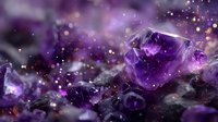 Raw amethyst crystal with purple facets and golden light particles against dark background, showcasing natural mineral formation.
