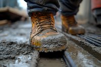 Muddy work boots covered in dirt and clay on construction site, close-up view showing worn leather texture and laces against wet ground surface.