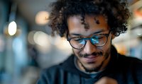 Young mixed race man with curly hair and glasses smiling while looking down at mobile device, warm bokeh background creates cozy atmosphere.