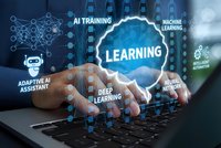 Businessman hands typing on laptop with digital learning technology overlay featuring neural networks and artificial intelligence concepts.