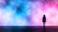 Silhouette of woman standing alone against dreamy sky with pink and blue clouds, mysterious atmospheric background for spiritual and emotional concepts.