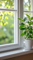 Green houseplant in white pot on windowsill with soft natural daylight streaming through window, creating peaceful home atmosphere with blurred bokeh garden view.