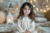 Young child in white lace dress sitting among soft pillows with warm bokeh lights creating cozy holiday atmosphere.