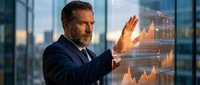 Mature businessman analyzing financial data on futuristic holographic display in modern office environment for business technology presentations.