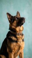 German Shepherd dog portrait with leather collar looking up against soft blue background for pet photography and animal lifestyle content.