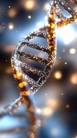 Glowing DNA double helix structure with sparkling particles and bokeh lights on blue background for genetics research and biotechnology concepts.