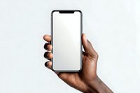 African American male hand holding modern smartphone with blank white screen isolated on light background for mobile app mockup presentation.