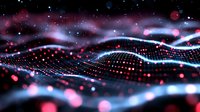 Futuristic digital wave pattern with glowing red and blue particles flowing over dark background, creating dynamic technology landscape visualization.