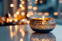 Ornate metal candle holder with glowing flame casting intricate shadow patterns on white surface against blurred bokeh lights background, creating cozy atmosphere.
