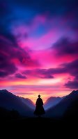 Silhouette of person in long dress standing on hill overlooking mountain valley at sunset with dramatic purple and pink sky, mystical atmospheric landscape.