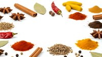 Colorful spices and herbs arranged in circular frame on white background with copy space for culinary designs and cooking projects.