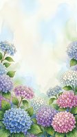 Watercolor hydrangea garden border with blue, purple, pink and white blooms on soft pastel background, copy space for text.