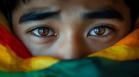 Young Asian person with brown eyes partially covered by colorful rainbow pride flag fabric showing support for LGBTQ community and diversity inclusion.