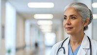 Confident mature female doctor with gray hair and stethoscope in modern hospital corridor, healthcare professional medical expertise concept.