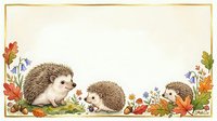 Isolated hedgehog family with autumn leaves and wildflowers on cream background, ready for children's designs, greeting cards, and educational materials.