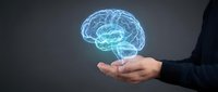Business professional holding glowing digital brain hologram representing artificial intelligence, machine learning and innovative technology solutions.